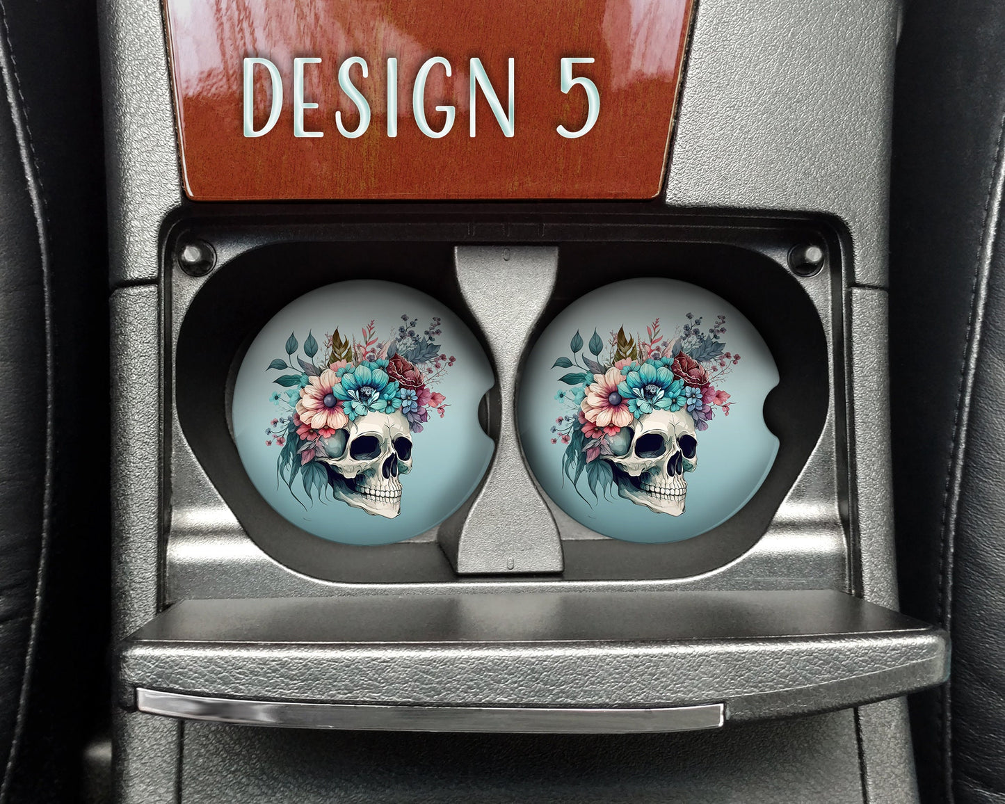 Watercolor Floral Skull Art Car Coasters - Matching Pair - Set of 2 - Nine Designs Available