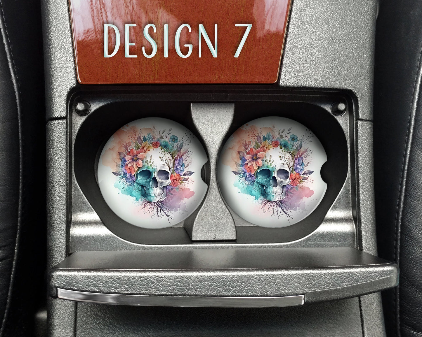 Watercolor Floral Skull Art Car Coasters - Matching Pair - Set of 2 - Nine Designs Available