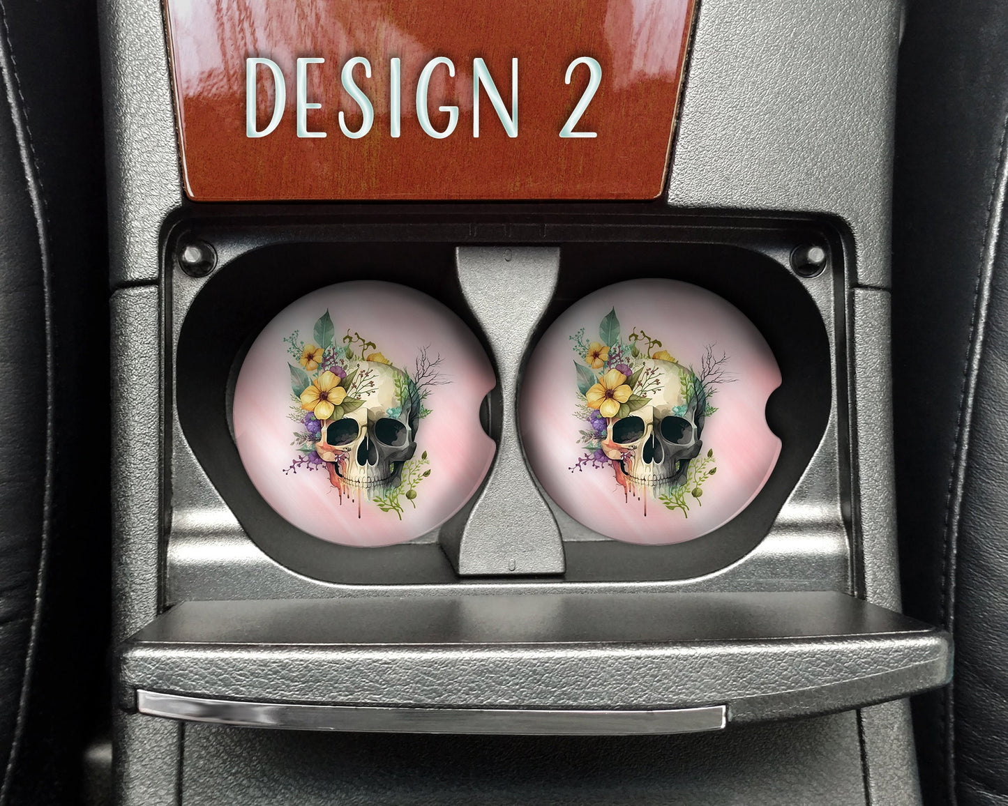Watercolor Floral Skull Art Car Coasters - Matching Pair - Set of 2 - Nine Designs Available