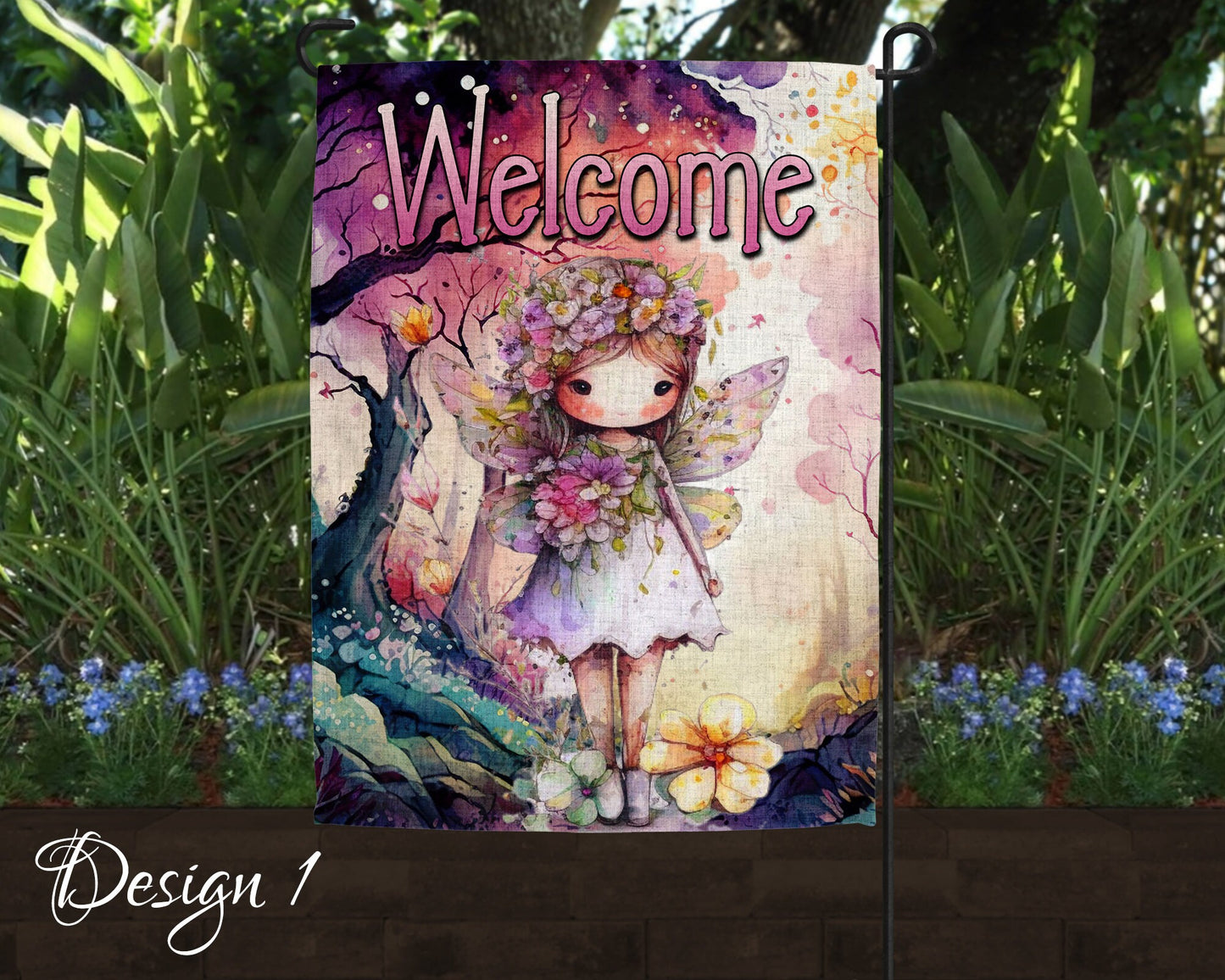 Cute Watercolor Fairy Garden Art Linen Garden Welcome Flag - 5 Design Choices