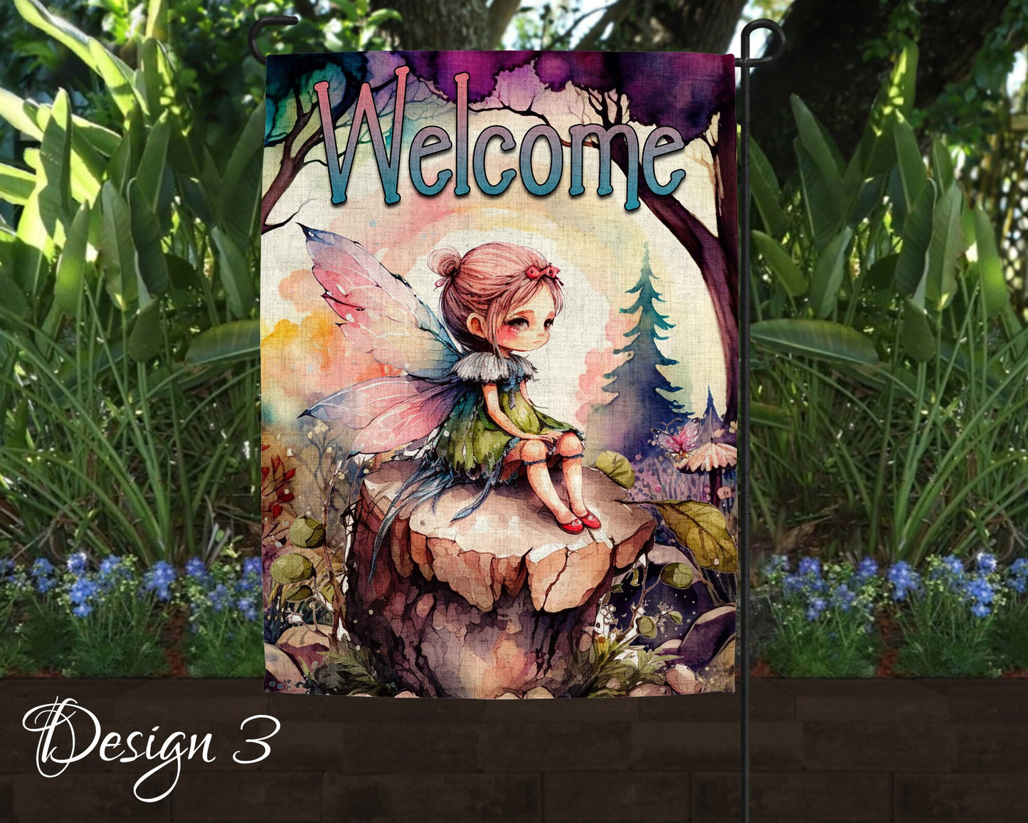 Cute Watercolor Fairy Garden Art Linen Garden Welcome Flag - 5 Design Choices