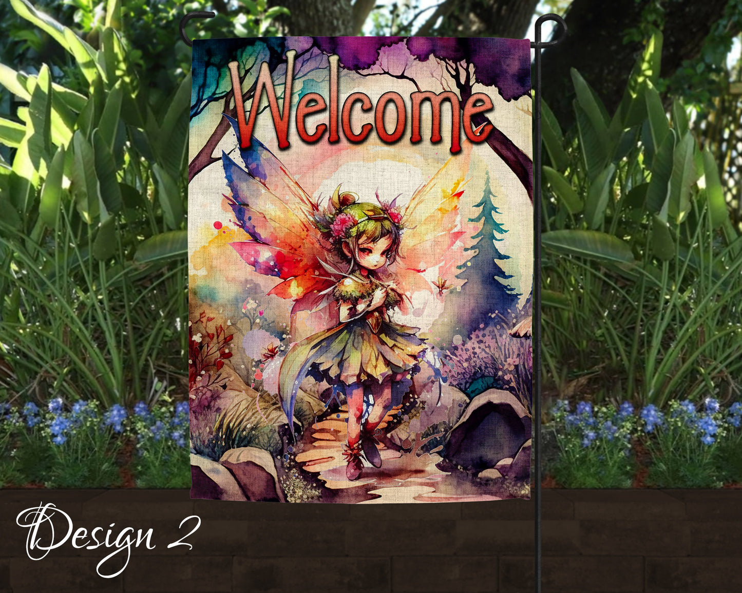 Cute Watercolor Fairy Garden Art Linen Garden Welcome Flag - 5 Design Choices