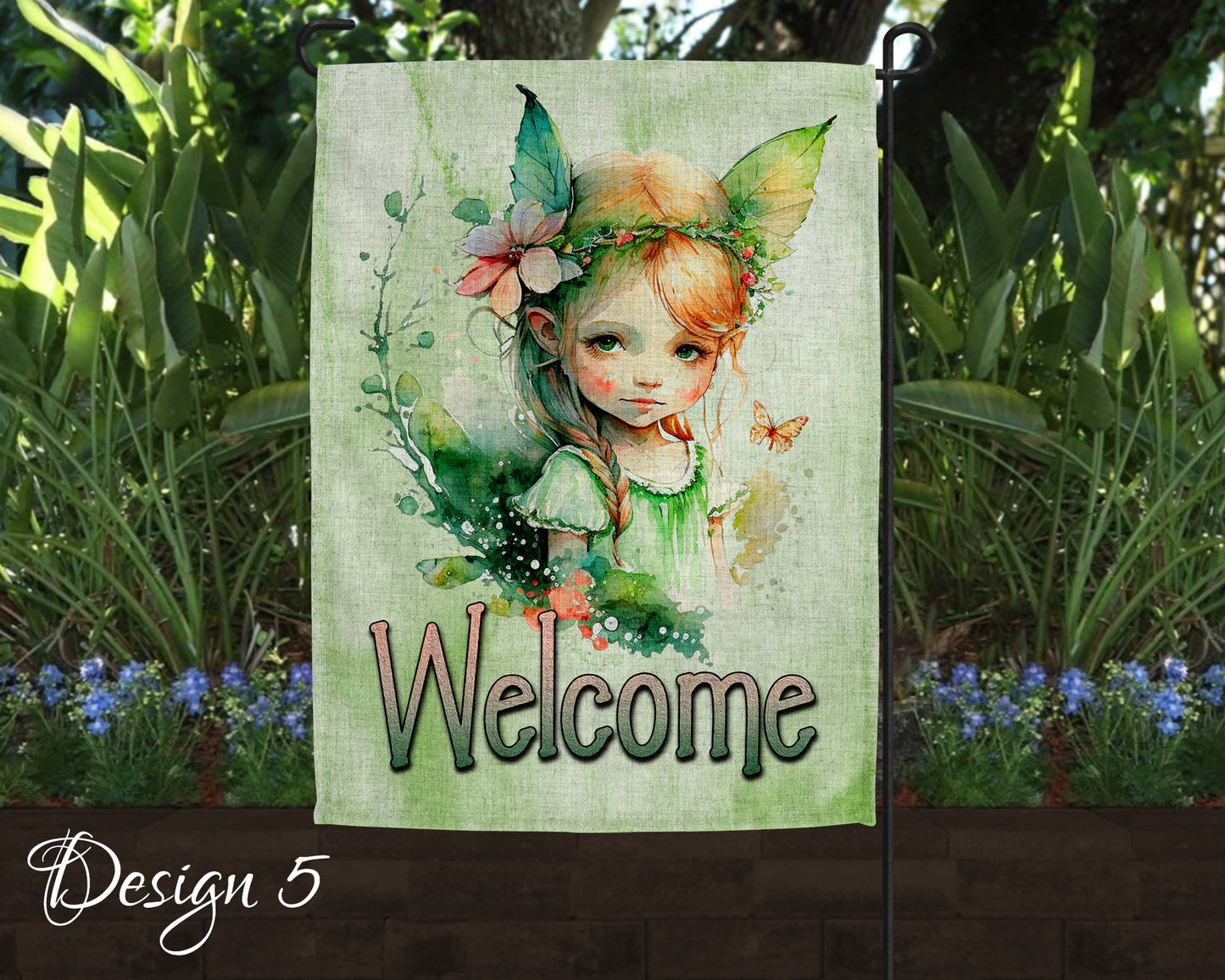 Cute Watercolor Fairy Garden Art Linen Garden Welcome Flag - 5 Design Choices