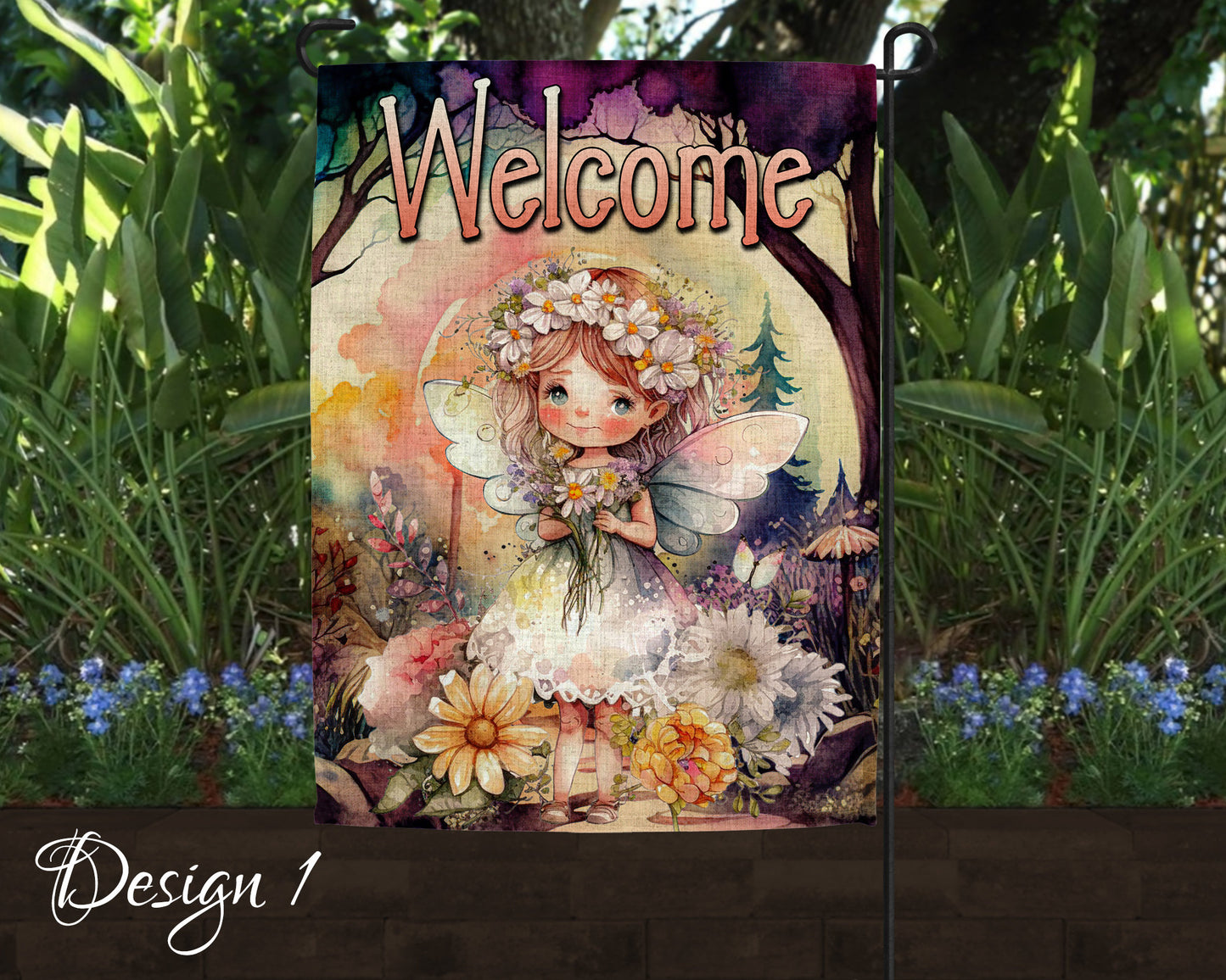 Cute Watercolor Fairy Garden Art Linen Garden Welcome Flag - 5 Design Choices