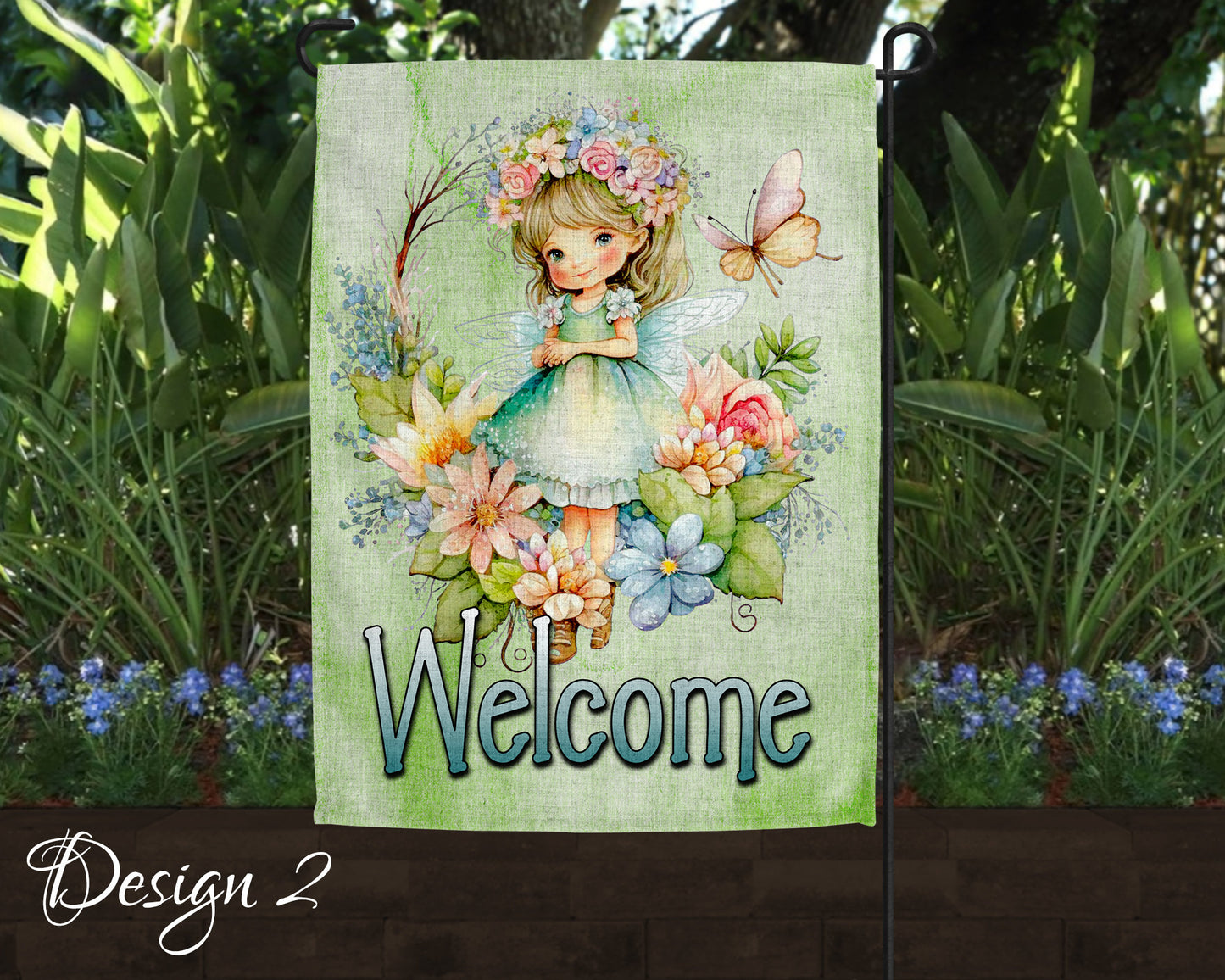 Cute Watercolor Fairy Garden Art Linen Garden Welcome Flag - 5 Design Choices