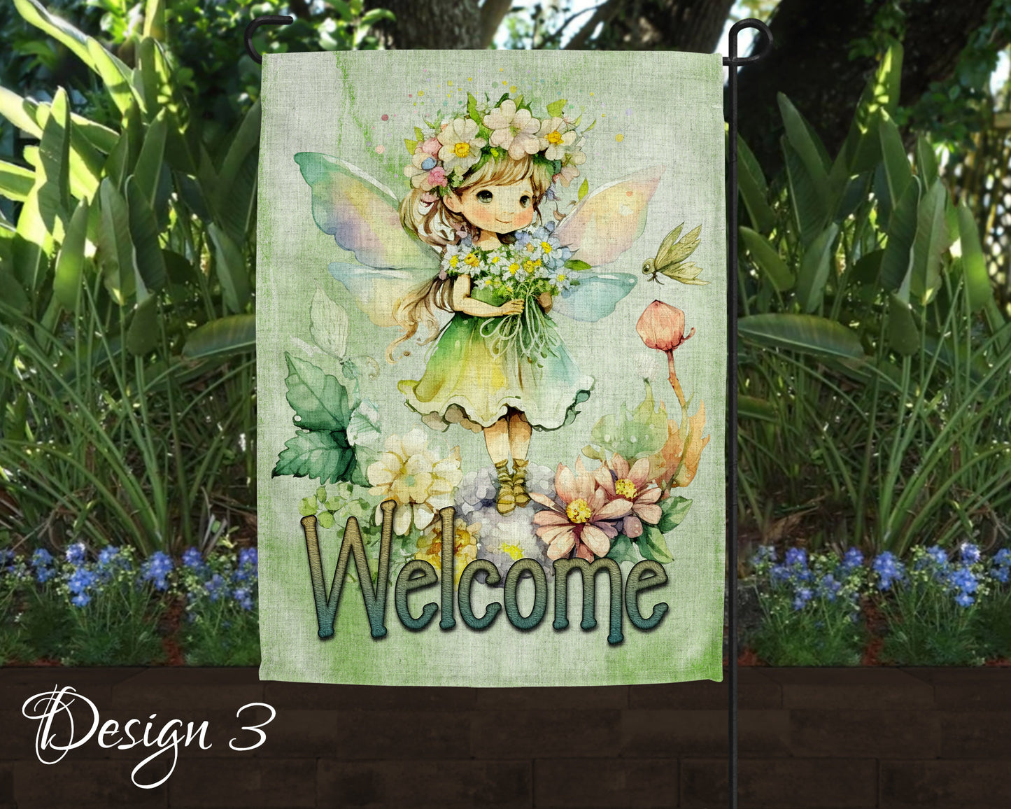 Cute Watercolor Fairy Garden Art Linen Garden Welcome Flag - 5 Design Choices