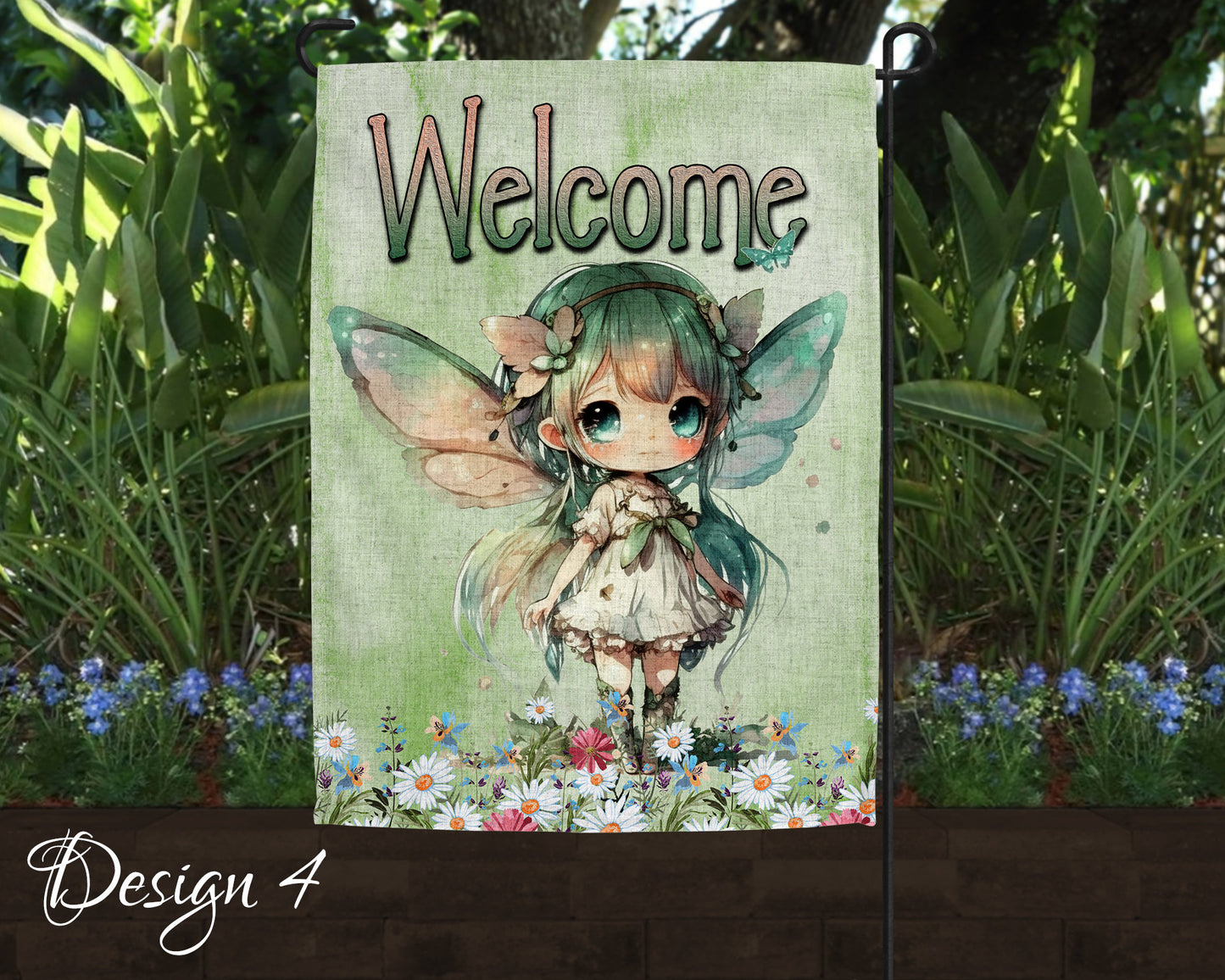 Cute Watercolor Fairy Garden Art Linen Garden Welcome Flag - 5 Design Choices