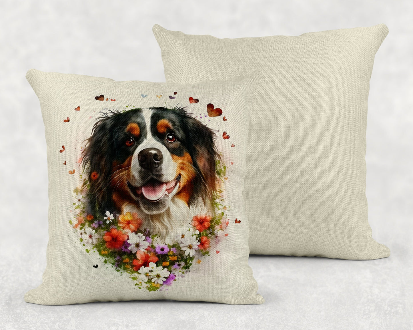 Watercolor Floral Australian Shepherd Linen Throw Pillow Sham