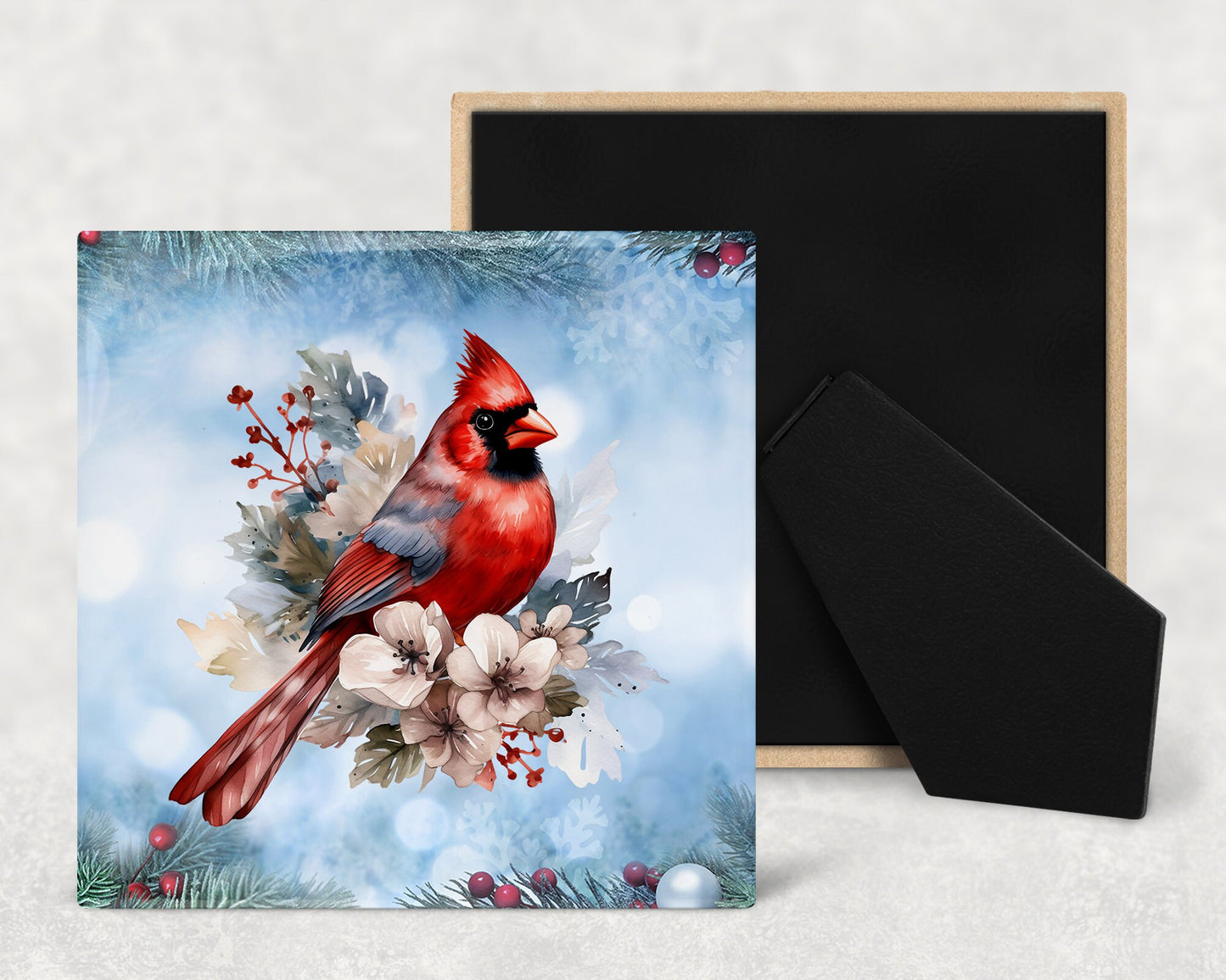 Christmas Cardinals Art Decorative Ceramic Tile Set with Optional Easel Back - Available in 4 sizes - Set of 4