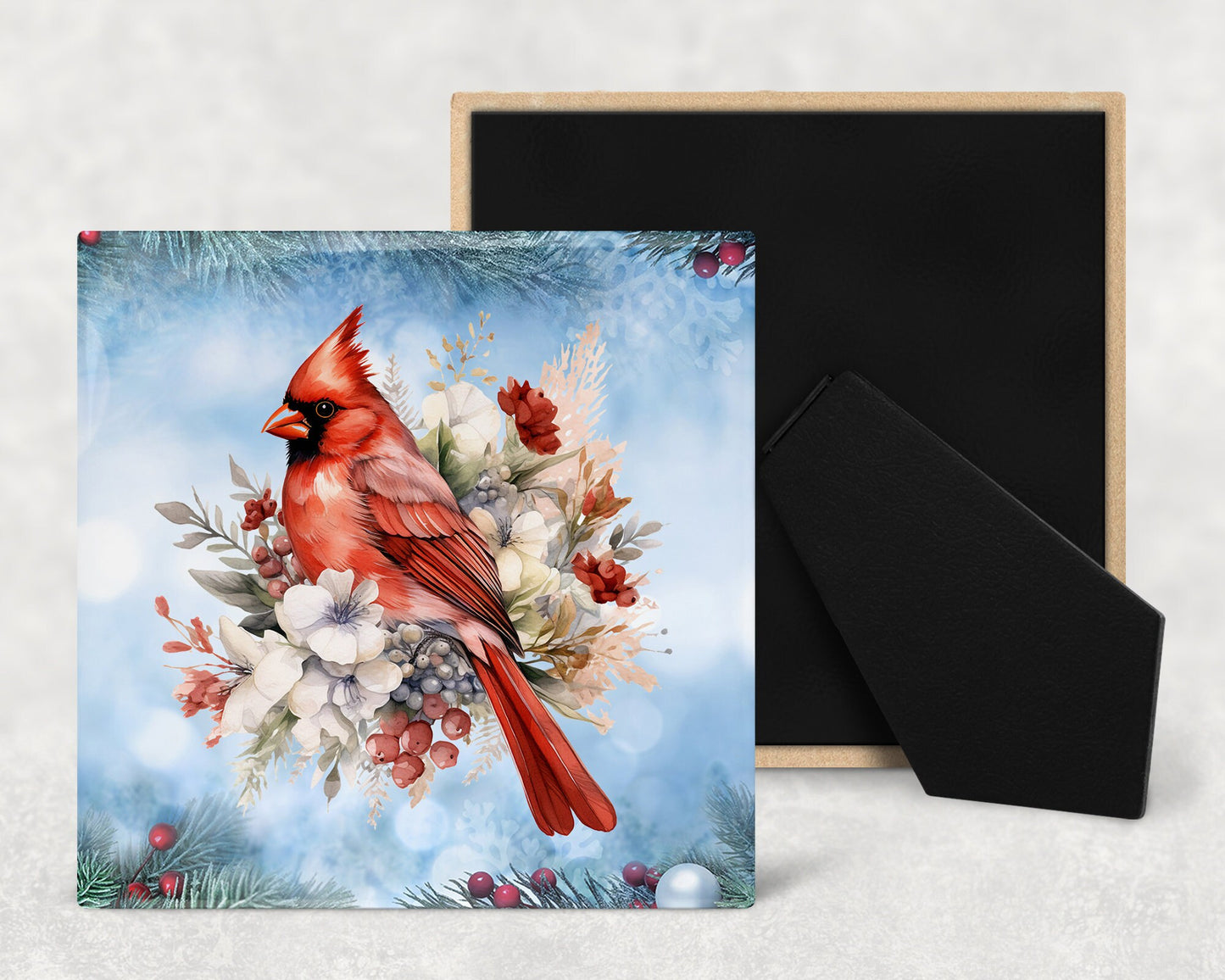 Christmas Cardinals Art Decorative Ceramic Tile Set with Optional Easel Back - Available in 4 sizes - Set of 4
