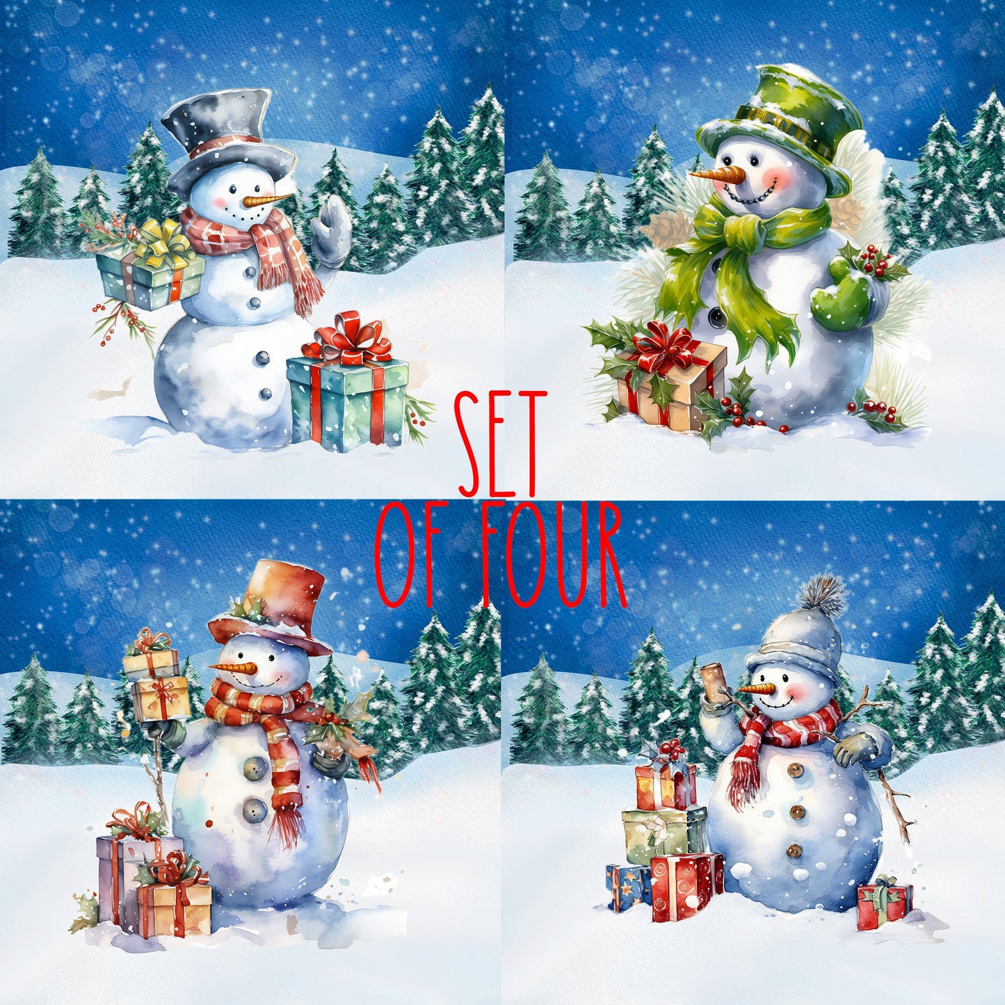 Holiday Snowman Art Decorative Ceramic Tile Set with Optional Easel Back - Available in 4 sizes - Set of 4