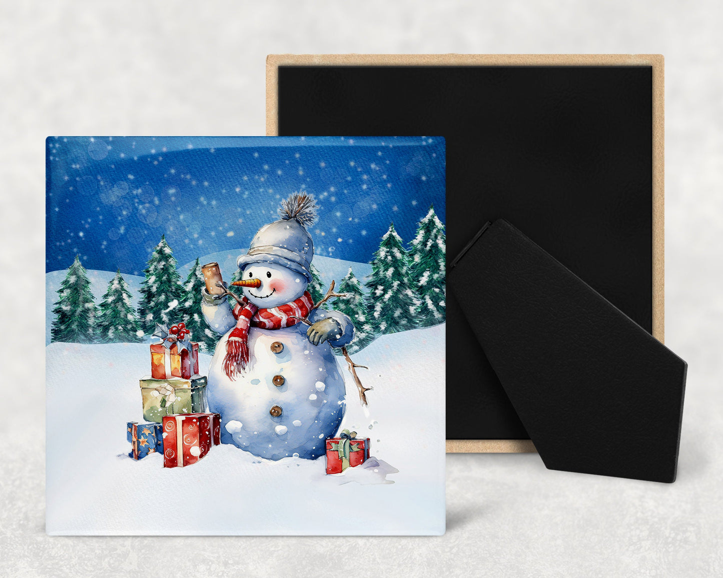 Holiday Snowman Art Decorative Ceramic Tile Set with Optional Easel Back - Available in 4 sizes - Set of 4