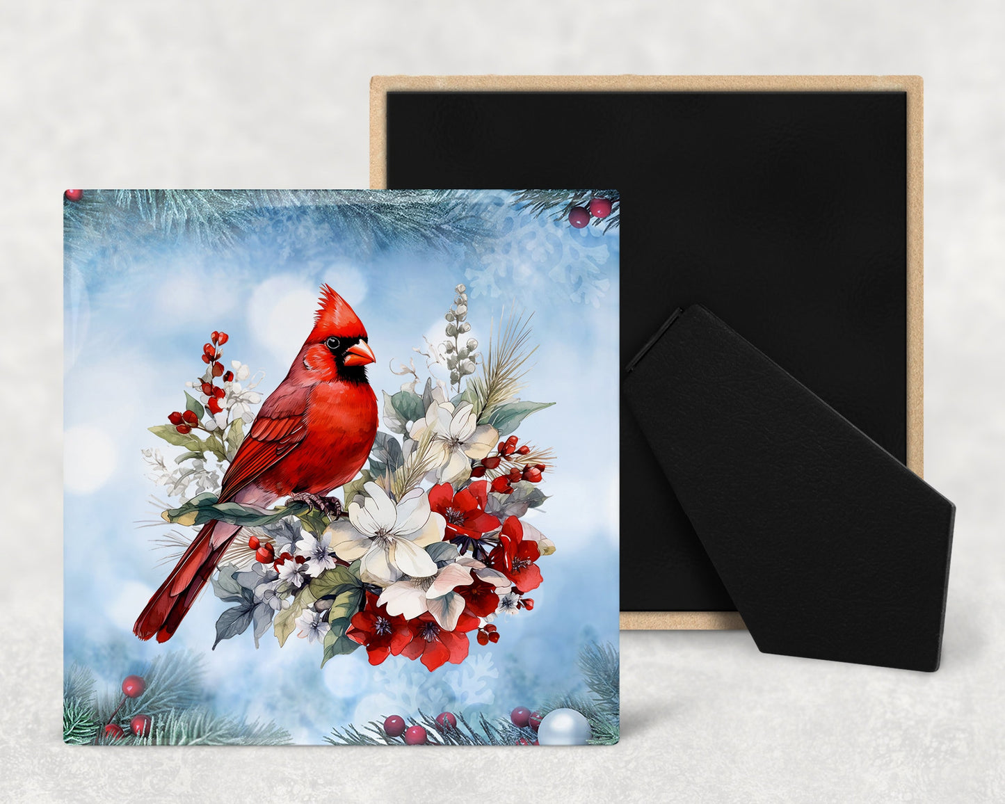 Christmas Cardinals Art Decorative Ceramic Tile Set with Optional Easel Back - Available in 4 sizes - Set of 4