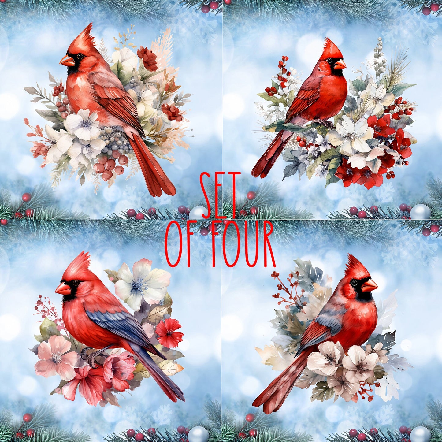 Christmas Cardinals Art Decorative Ceramic Tile Set with Optional Easel Back - Available in 4 sizes - Set of 4