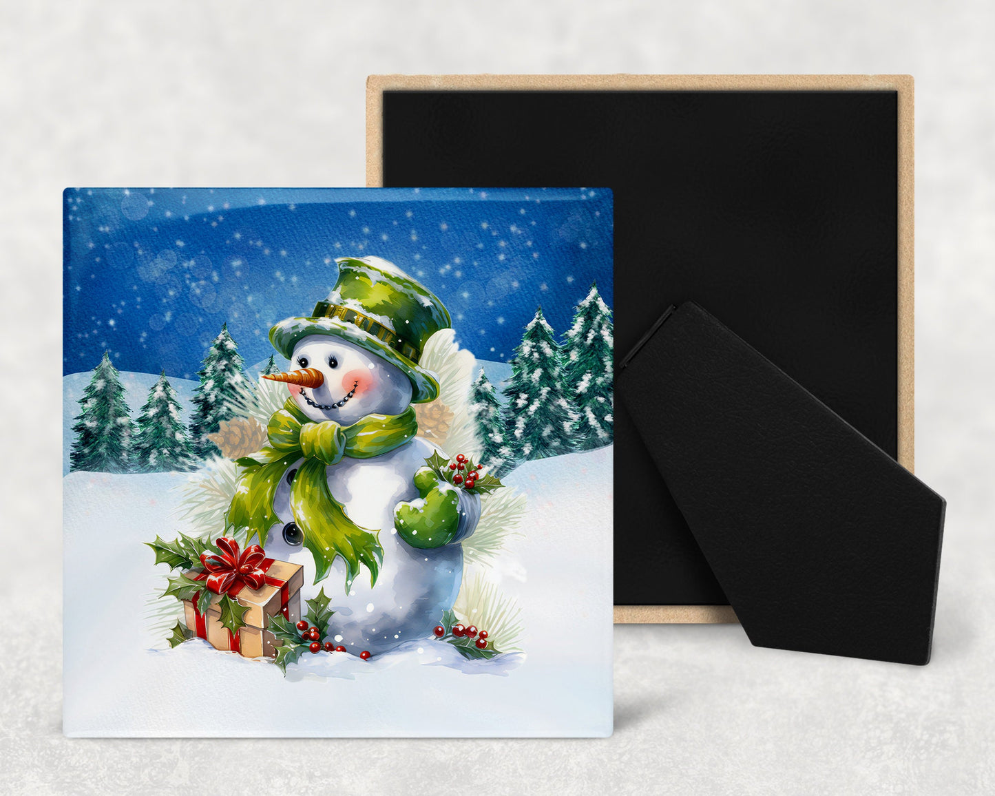 Holiday Snowman Art Decorative Ceramic Tile Set with Optional Easel Back - Available in 4 sizes - Set of 4