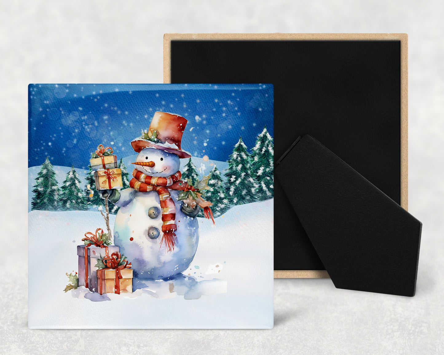 Holiday Snowman Art Decorative Ceramic Tile Set with Optional Easel Back - Available in 4 sizes - Set of 4