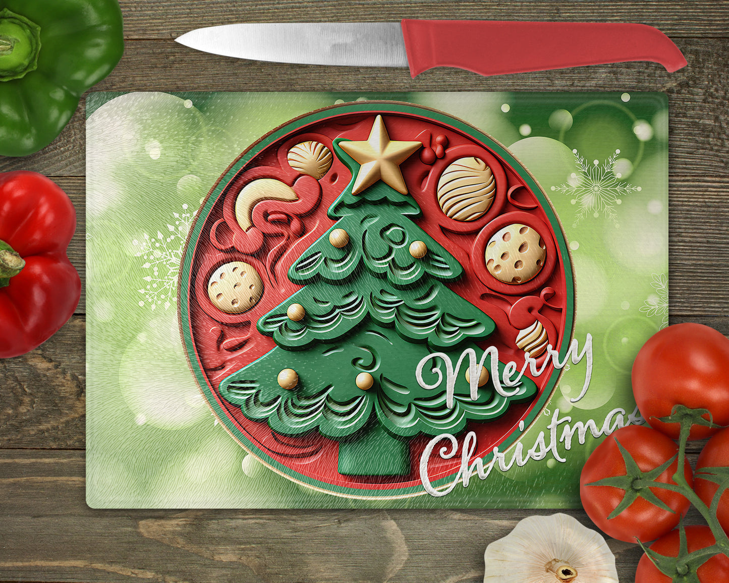 Carved 3D Look Christmas Tree Art Glass Cutting Board
