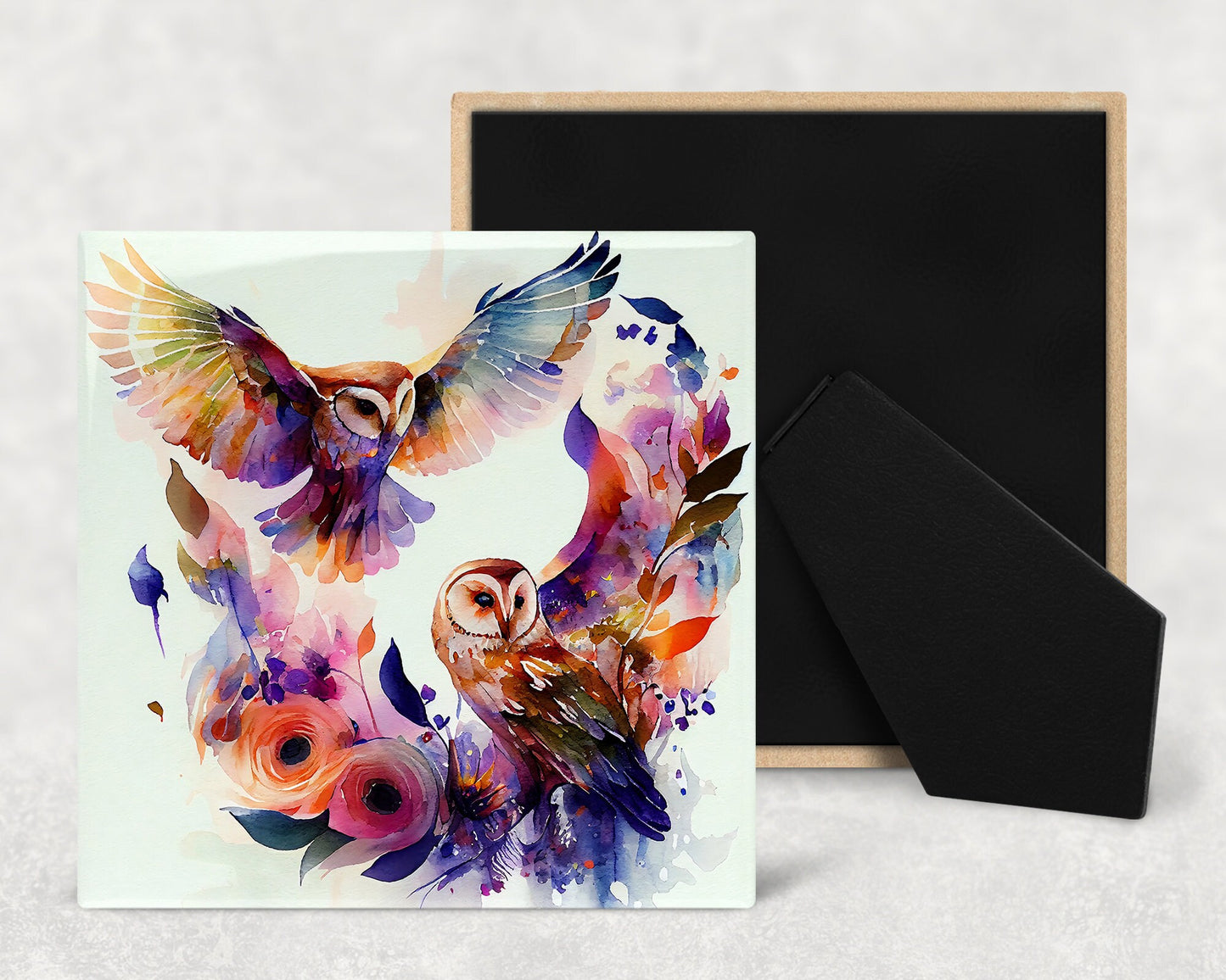 Watercolor Abstract Owl Art Decorative Ceramic Tile with Optional Easel Back - Available in 3 Sizes