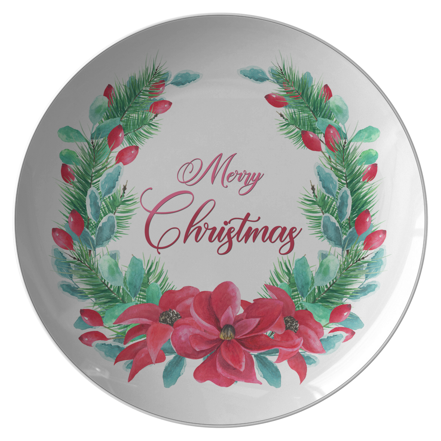 Merry Christmas Poinsettia Wreath Decorative Plate