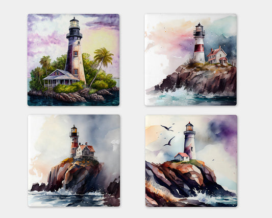 Watercolor Lighthouse Art Decorative Ceramic Tile, Coaster Set or Magnet Set - Available in 5 sizes - Set of 4