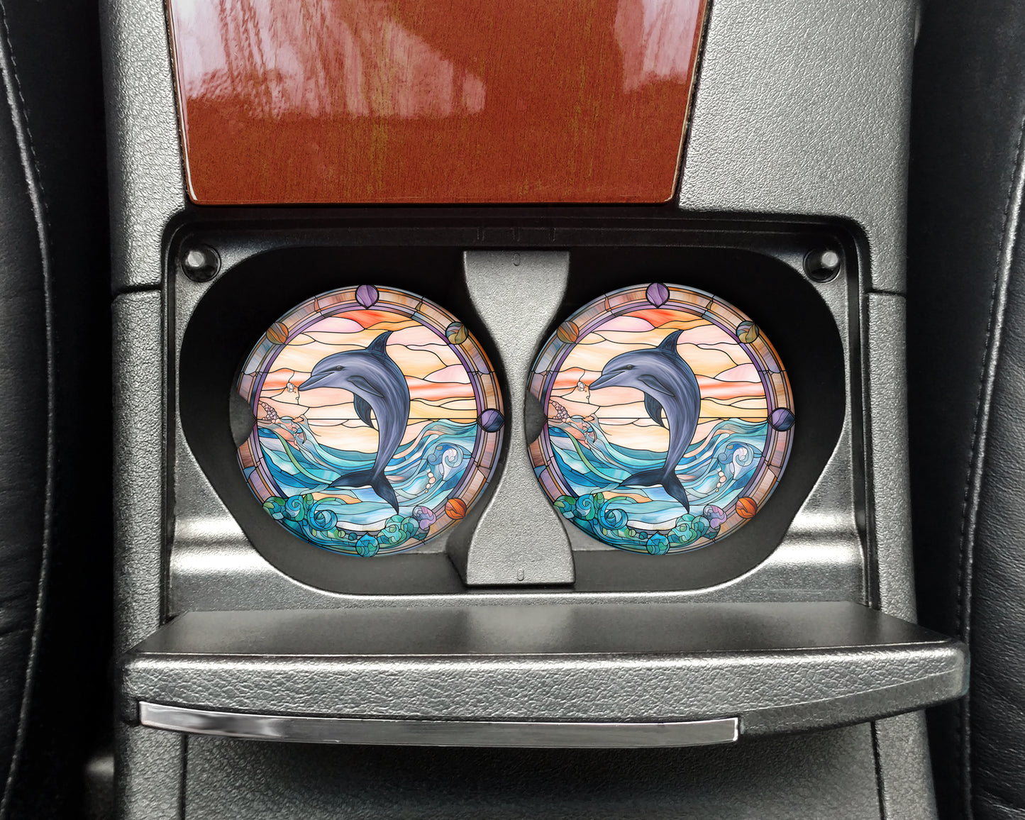 Stained Glass Dolphin Art Car Coasters - Matching Pair - Set of 2