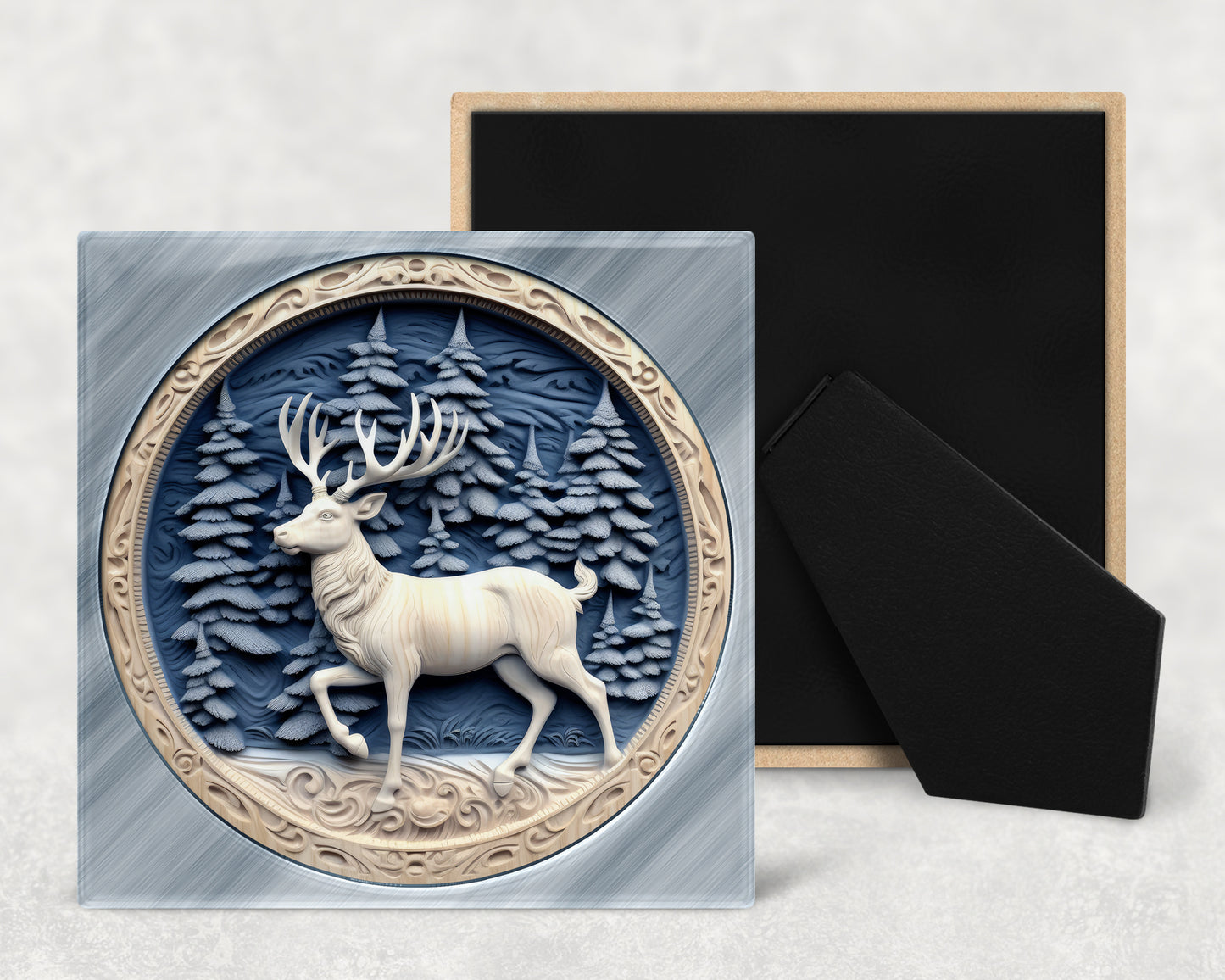 Carved Reindeer Art Decorative Ceramic Tile with Optional Easel Back - Available in 3 Sizes
