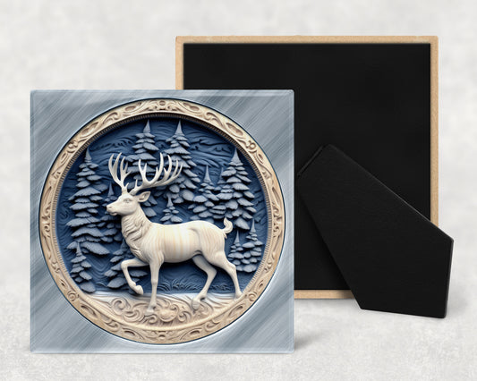 Carved Reindeer Art Decorative Ceramic Tile with Optional Easel Back - Available in 3 Sizes