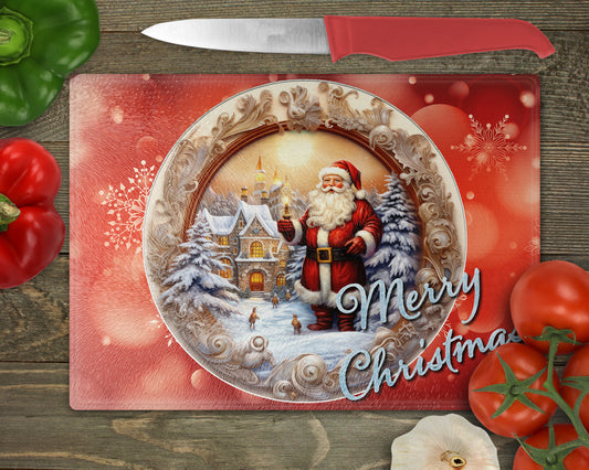 a cutting board with a picture of a santa clause on it