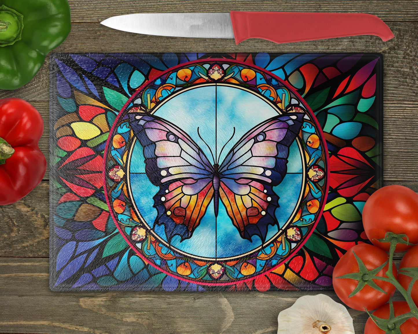 a painting of a butterfly on a cutting board