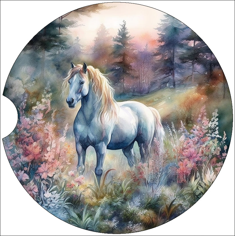 a white horse standing in a field of flowers