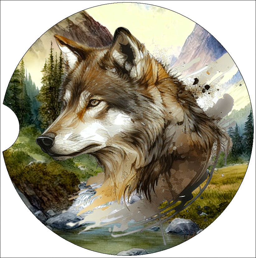 a picture of a wolf with a mountain in the background