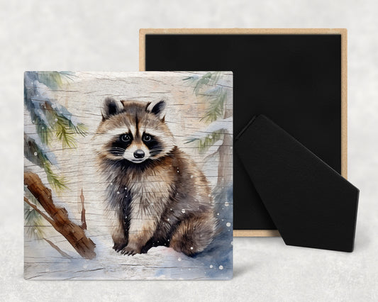 Watercolor Raccoon on Wood Texture Art Decorative Ceramic Tile with Optional Easel Back - Available in 3 Sizes
