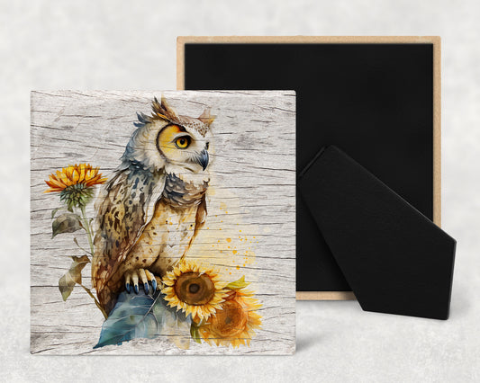 Watercolor Owl and Sunflowers on Wood Texture Art Decorative Ceramic Tile with Optional Easel Back - Available in 3 Sizes