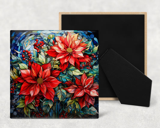 a painting of poinsettis and berries on a black background