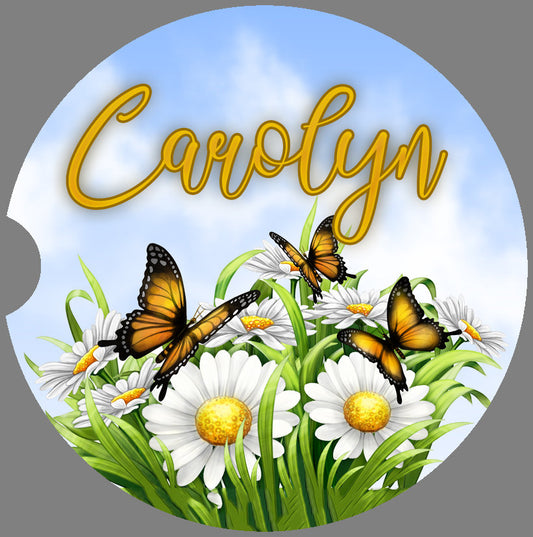 Personalized Butterflies and Daisies Art Car Coasters - Matching Pair - Schoppix Gifts