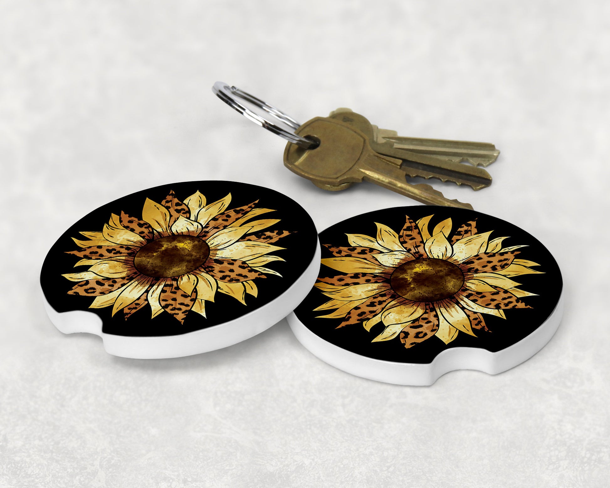 Leopard Print Sunflower Art Car Coasters  - Matching Pair - Schoppix Gifts