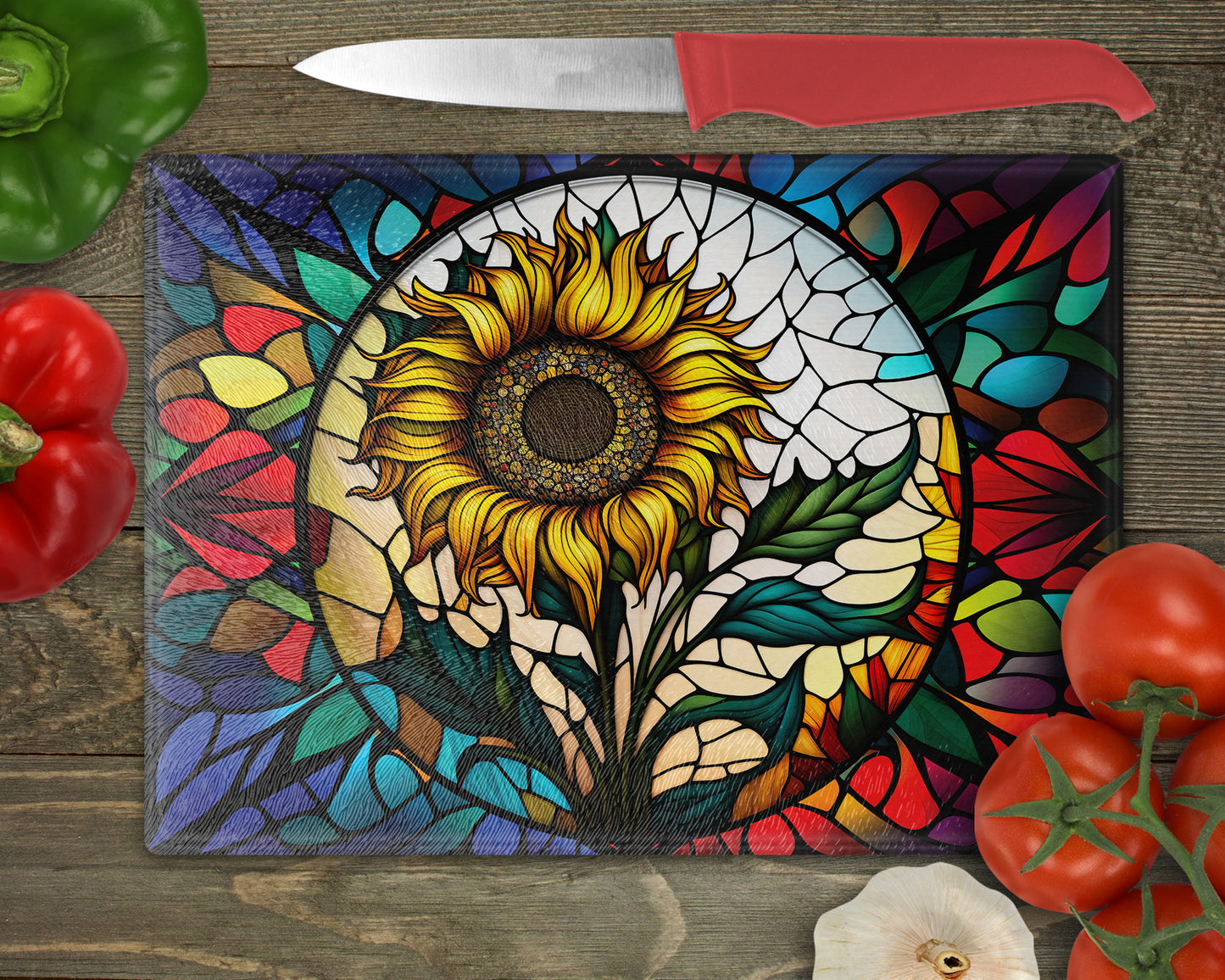 a cutting board with a painting of a sunflower on it