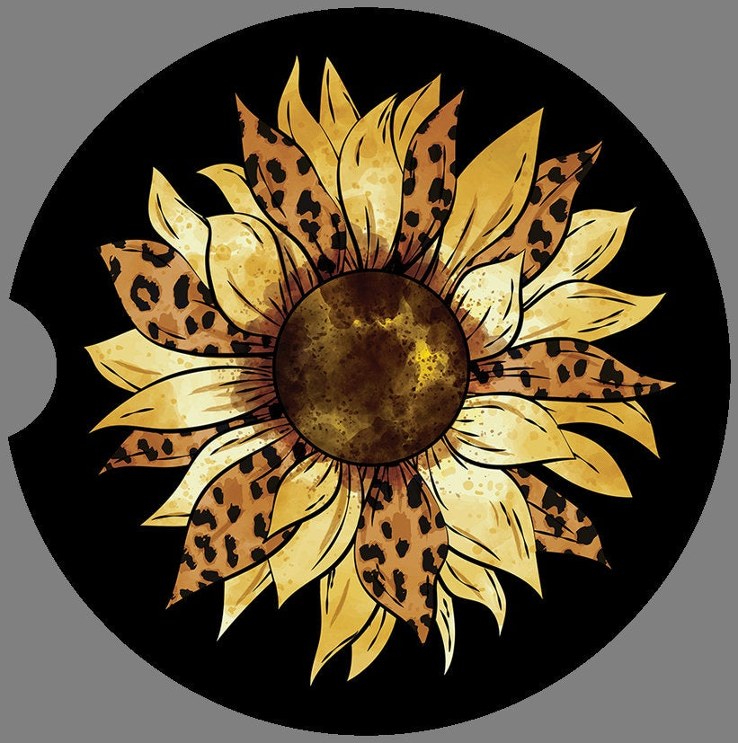 Leopard Print Sunflower Art Car Coasters  - Matching Pair - Schoppix Gifts