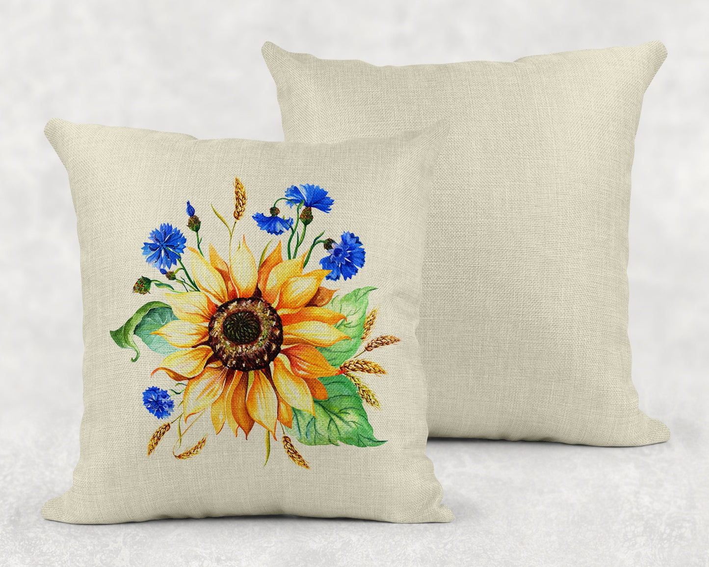 15.75 Inch Sunflower and Blue Blossoms Country Art Linen Throw Pillow|Home Decor|Decorative Pillows| - Schoppix Gifts
