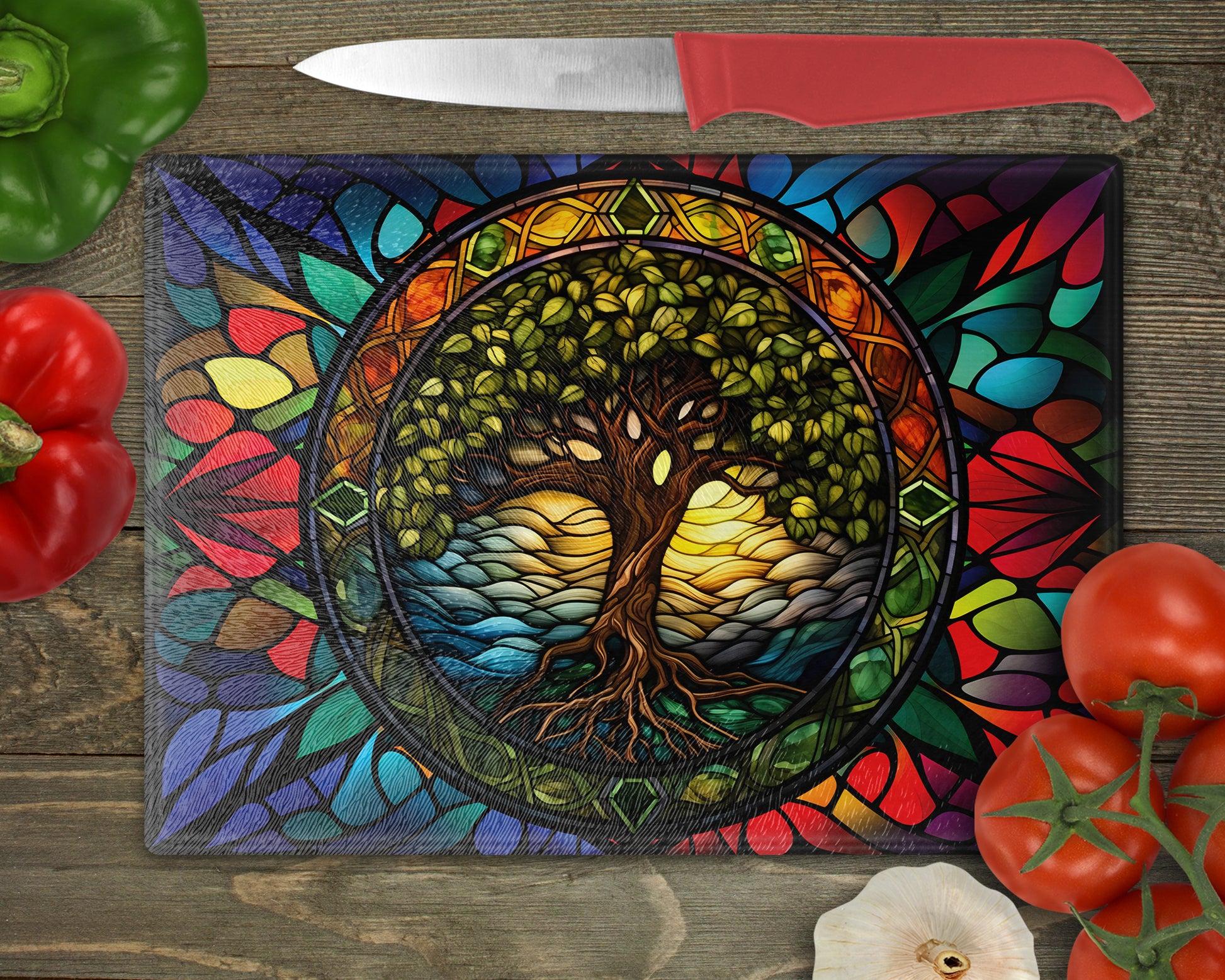 a cutting board with a tree of life design on it