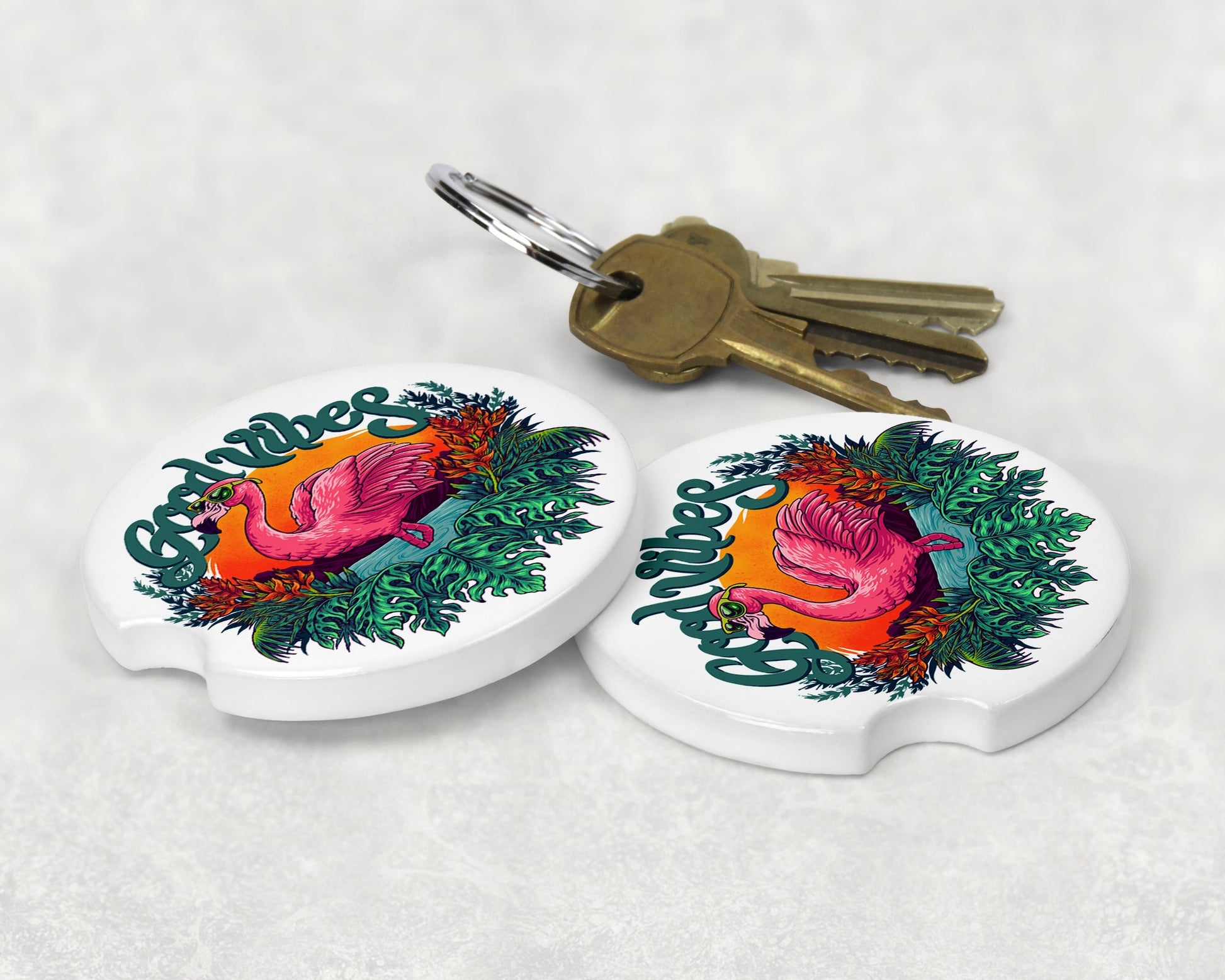 Good Vibes Flamingo Art Car Coasters - Matching Pair - Schoppix Gifts