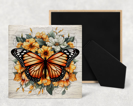 Watercolor Monarch Butterlfy and Sunflower on Wood Texture Art Decorative Ceramic Tile with Optional Easel Back - Available in 3 Sizes