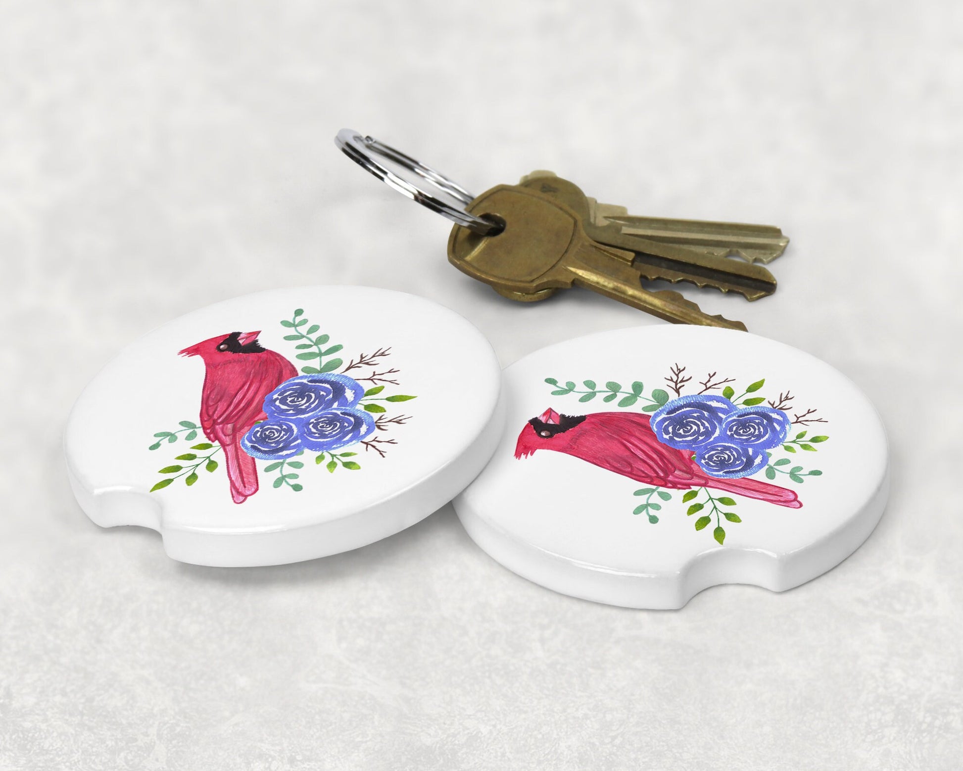 Cardinal and Blue Flowers Car Coasters - Matching Pair - Schoppix Gifts
