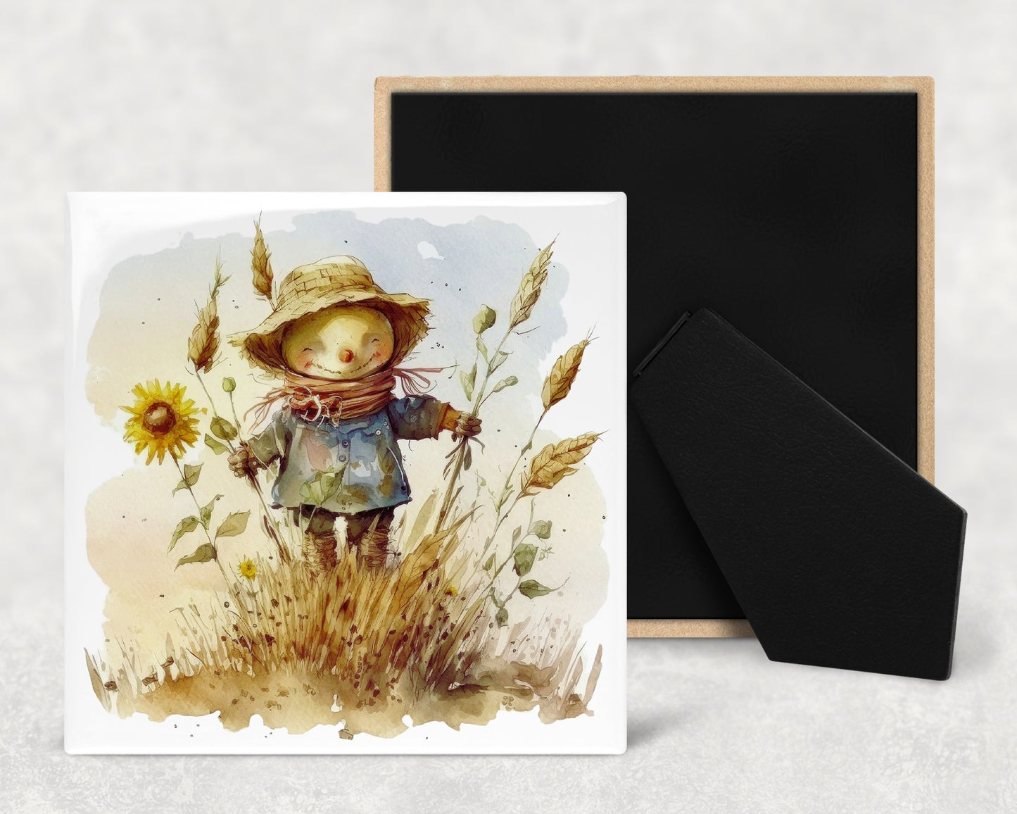 a card with a picture of a little boy in a hat and a sunflower