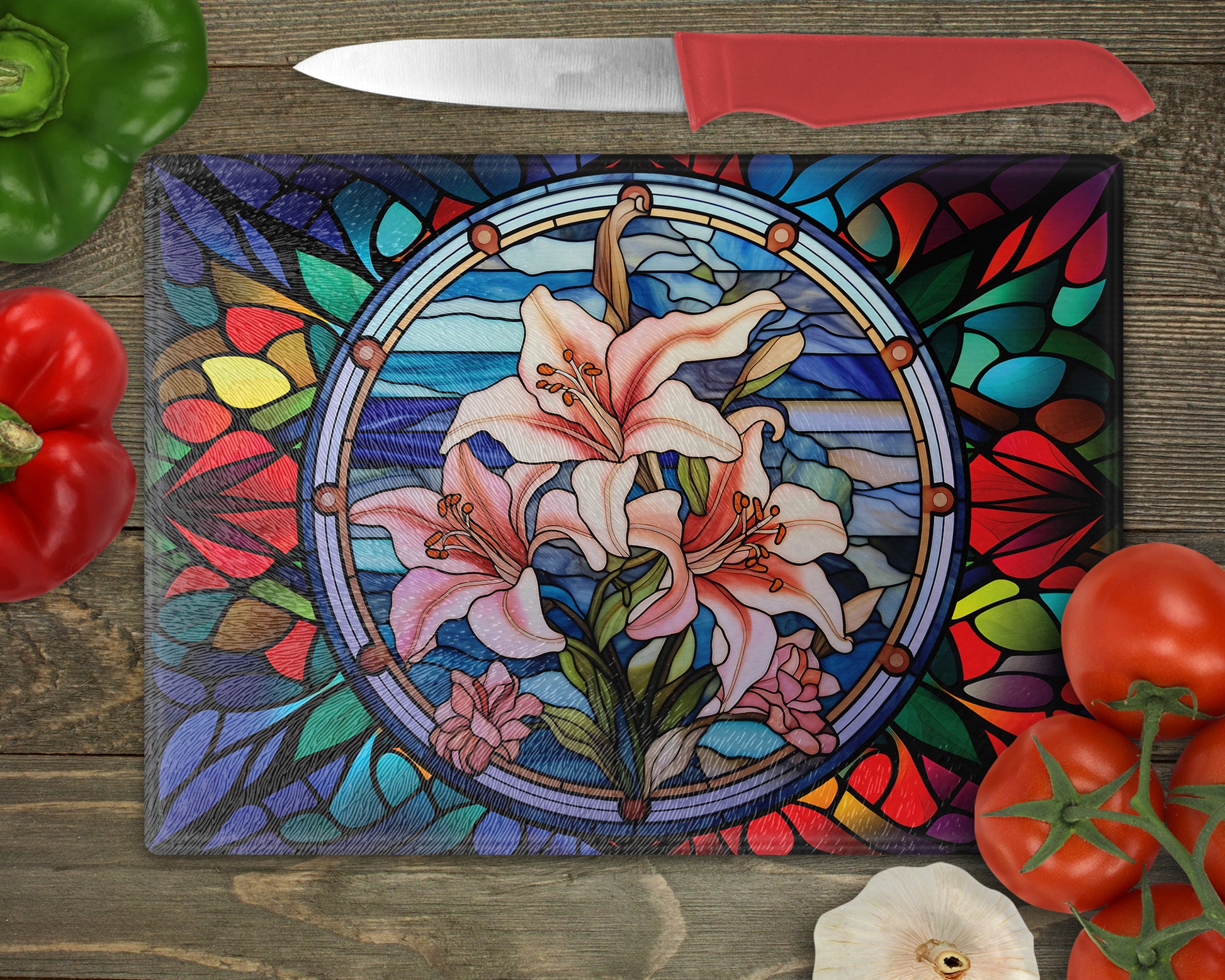 a cutting board with a painting of flowers on it