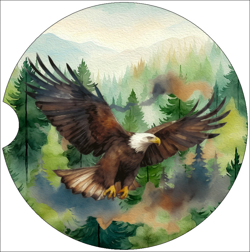 Watercolor Bald Eagle over Forest Art Car Coasters - Matching Pair - Set of 2