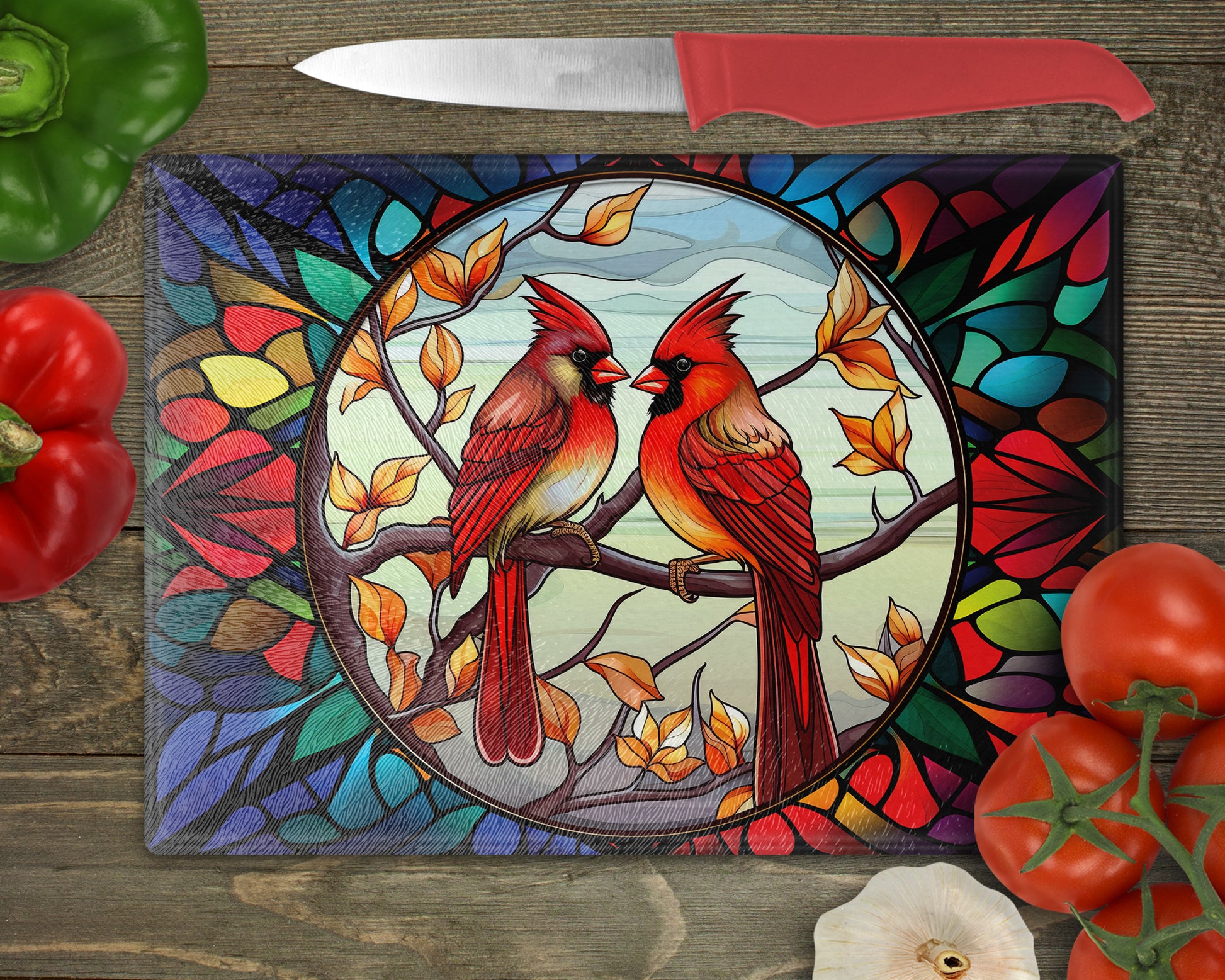 a stained glass cutting board with two birds on it