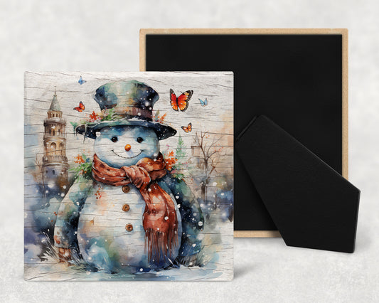 Watercolor Snowman on Wood Texture Art Decorative Ceramic Tile with Optional Easel Back - Available in 3 Sizes