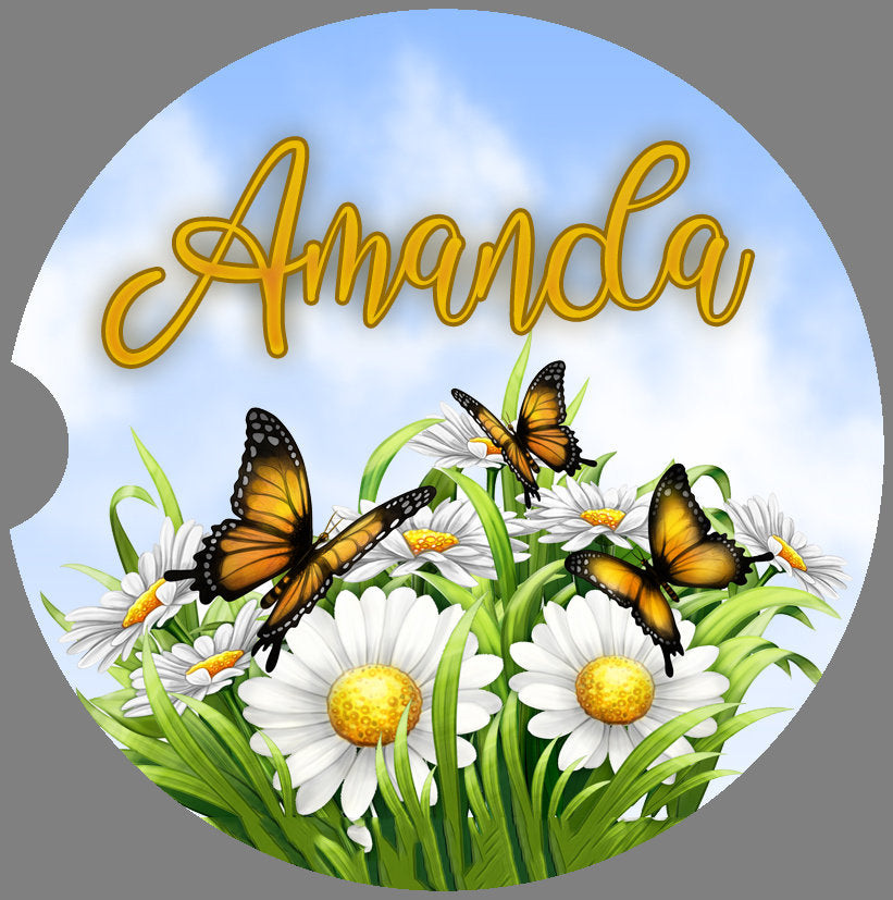 Personalized Butterflies and Daisies Art Car Coasters - Matching Pair - Schoppix Gifts