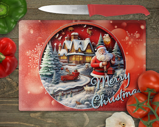 a cutting board with a santa clause on it